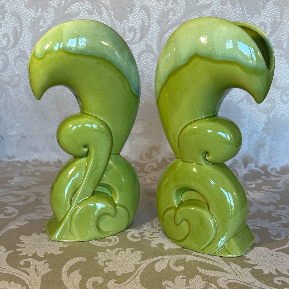 Royal Haeger Green Ceramic Scroll Vase Pair - Decorative Home Accents